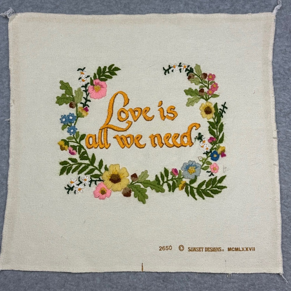 Vtg 1977 Sunset Designs Love Is All We Need Crewel Embroidery 15x15 Finished